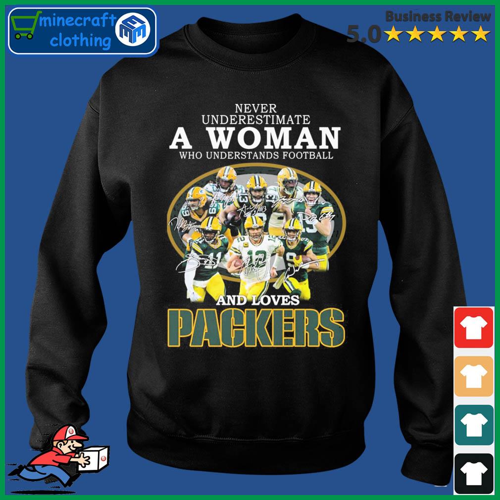 Never Underestimate A Woman Who Understand Football And Loves Green Bay Packers 2022 Signatures Shirt Sweater