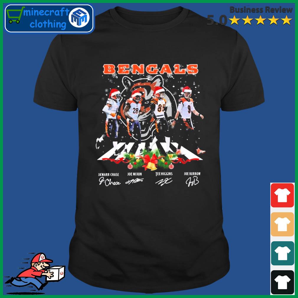 The Bengals Ja'marr Chase Joe Mixon Tee Higgins And Joe Burrow Abbey Road  Christmas Signatures Shirt